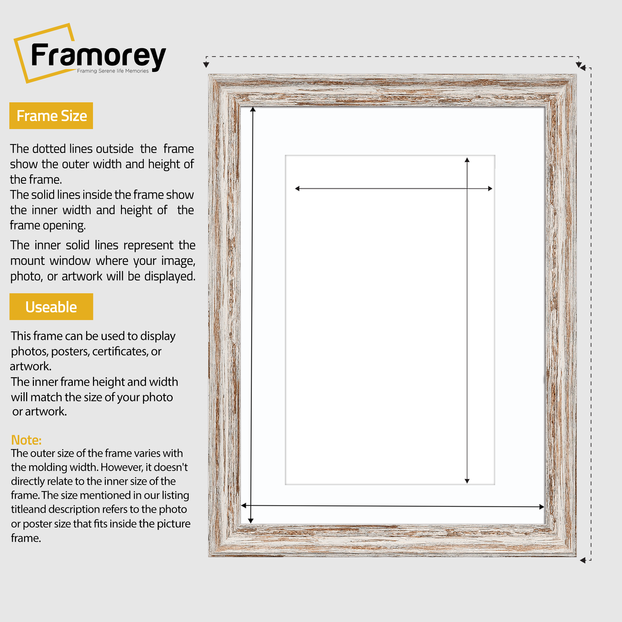 Vintage Distressed Walnut Photo Frames Wall Art Frame With White Mount