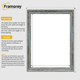 Blue vintage picture frame size guide line diagram showing outer picture frame dimensions and inner opening dimensions,  plus brief usage notes