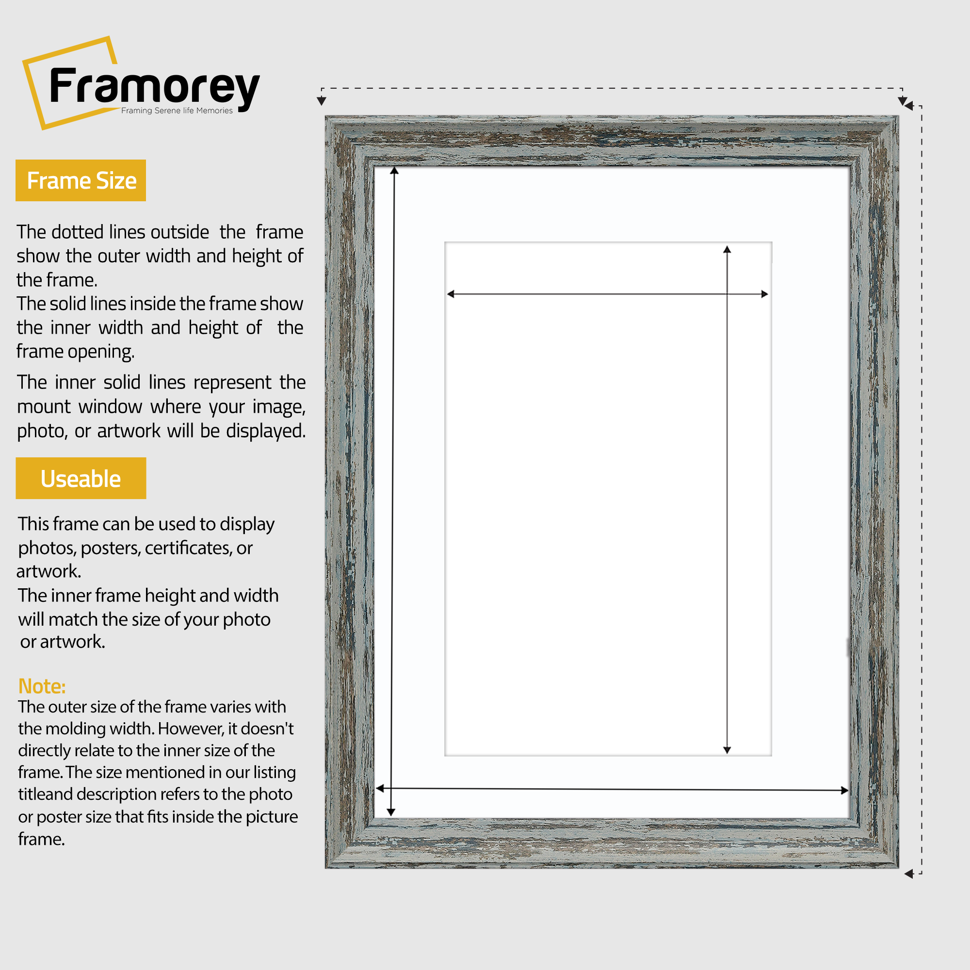 Vintage Distressed Blue Photo Frames Wall Art Frame With White Mount