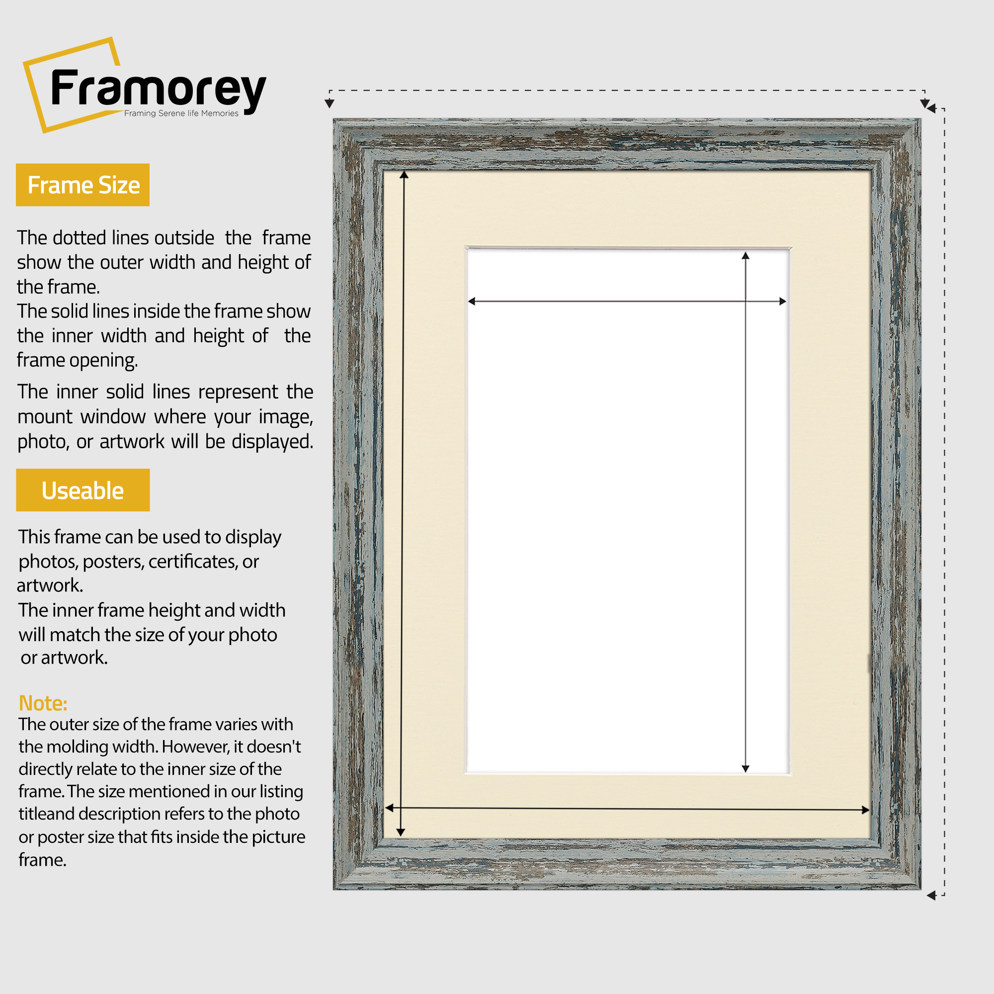 Vintage Distressed Blue Photo Frames Wall Art Frame With Ivory Mount