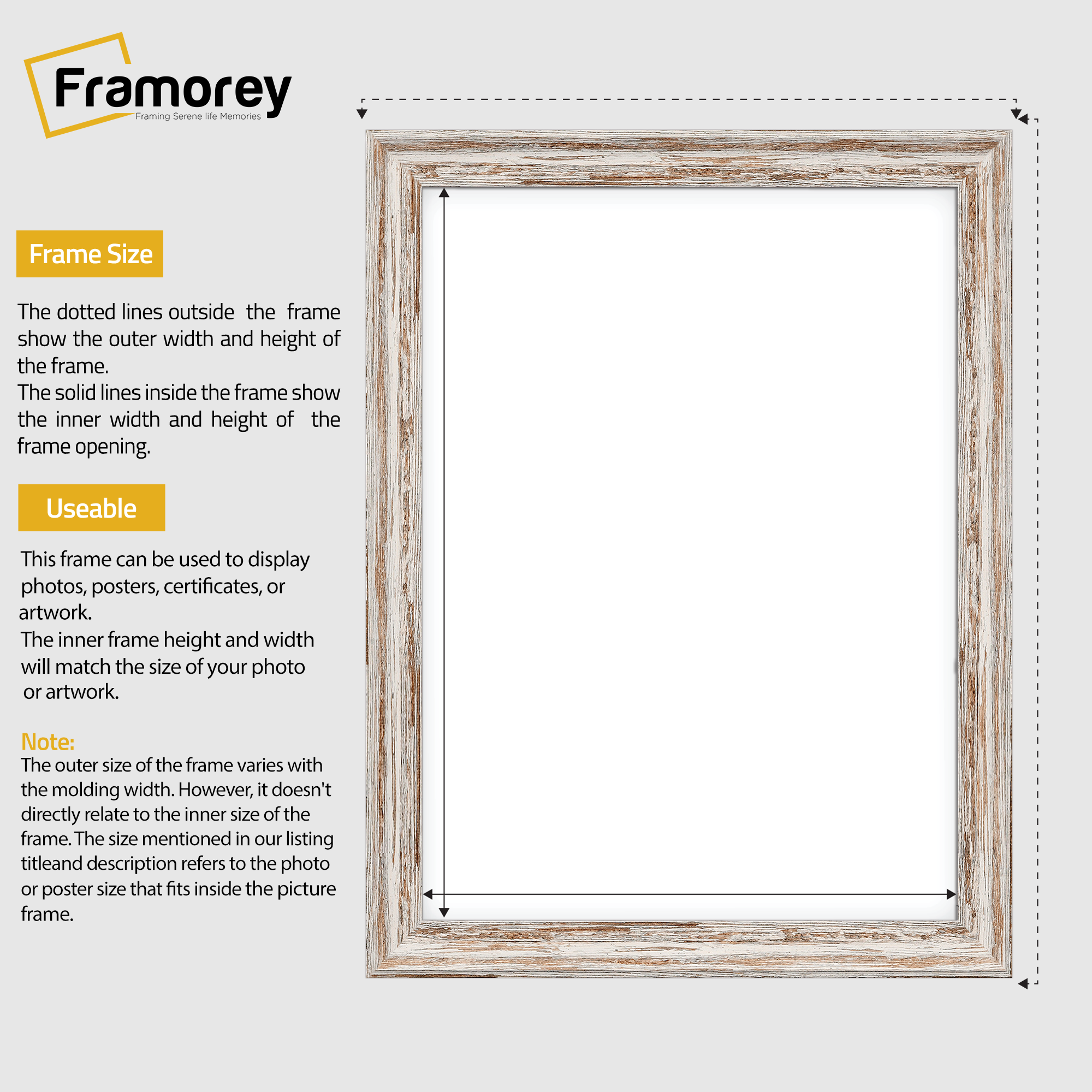 Walnut vintage picture frame size guide line diagram showing outer picture frame dimensions and inner opening dimensions,  plus brief usage notes