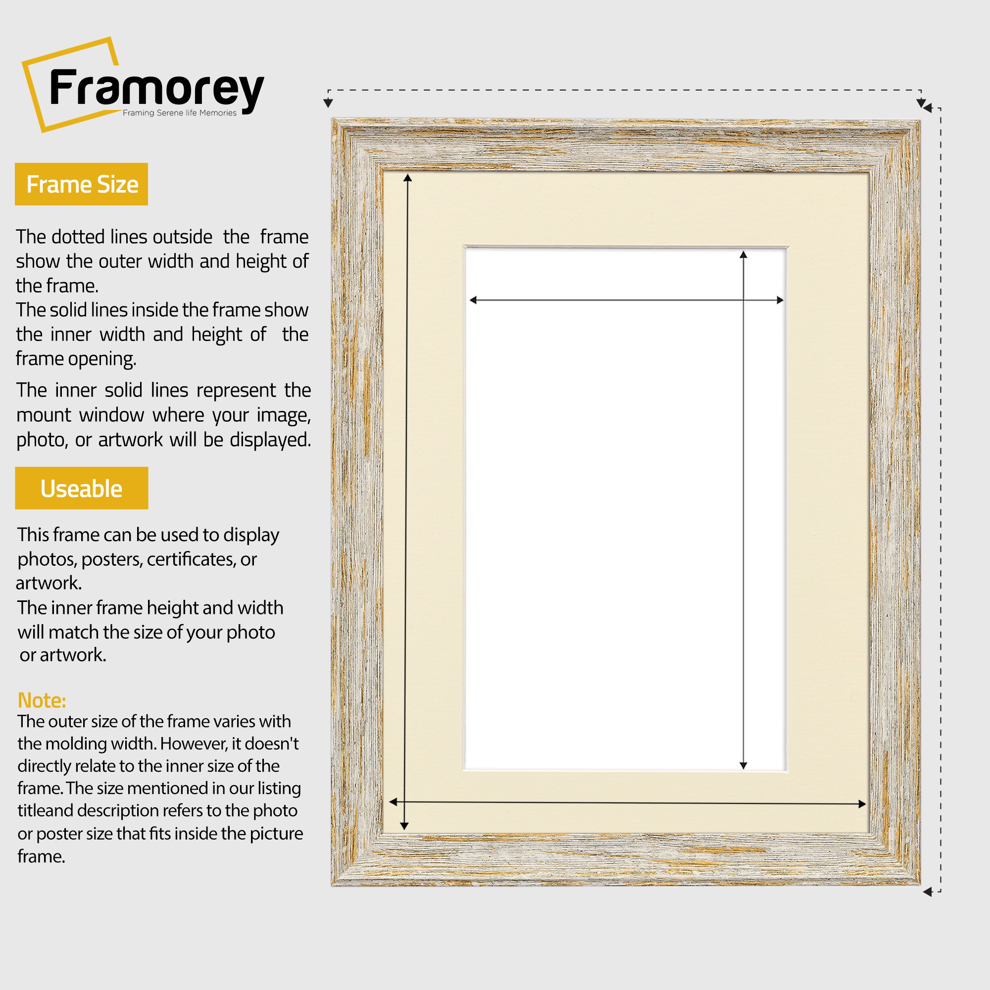 Vintage Distressed White Photo Frames Wall Art Frame With Ivory Mount