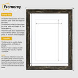 Black vintage picture frame white mount size guide line diagram showing outer picture frame dimensions and inner opening dimensions,  plus brief usage notes