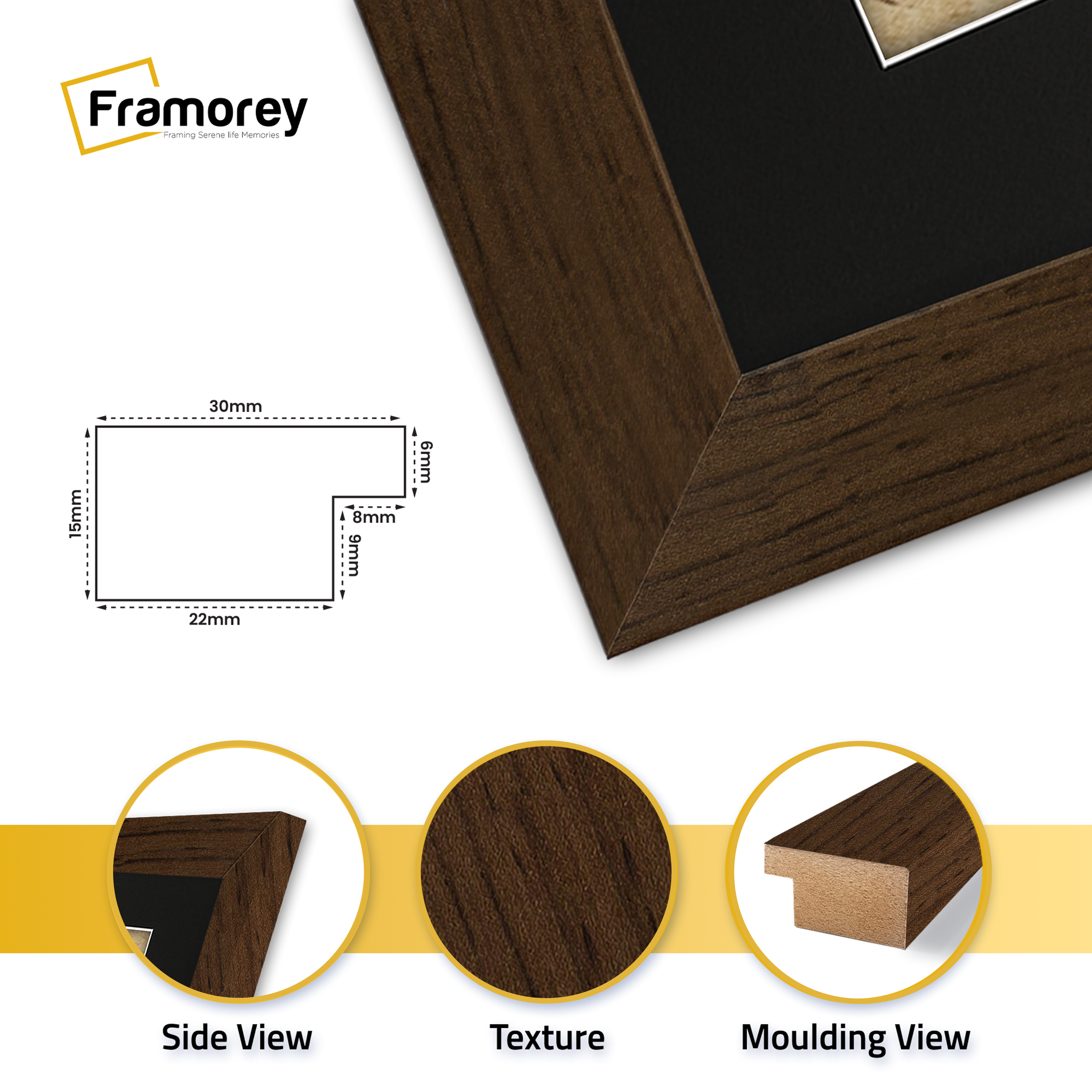 Back side view of a Walnut Picture Frame with Black Mount with some detail on its parts.