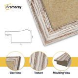 Close View of a walnut vintage distressed picture frame showing textured aged finish, side view and molding view