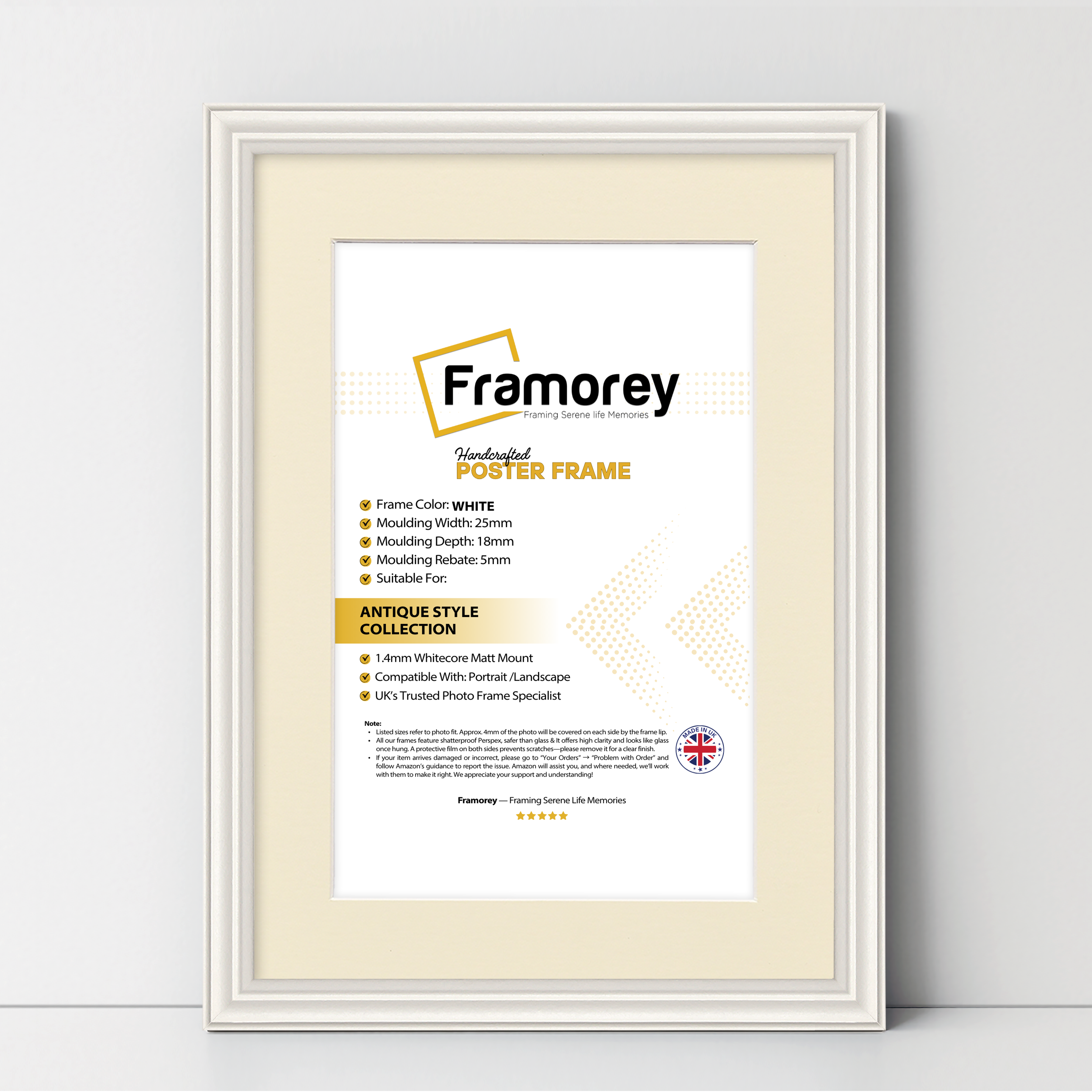 Antique Style White Picture Frame Wall Art Photo Frame With Ivory Mount