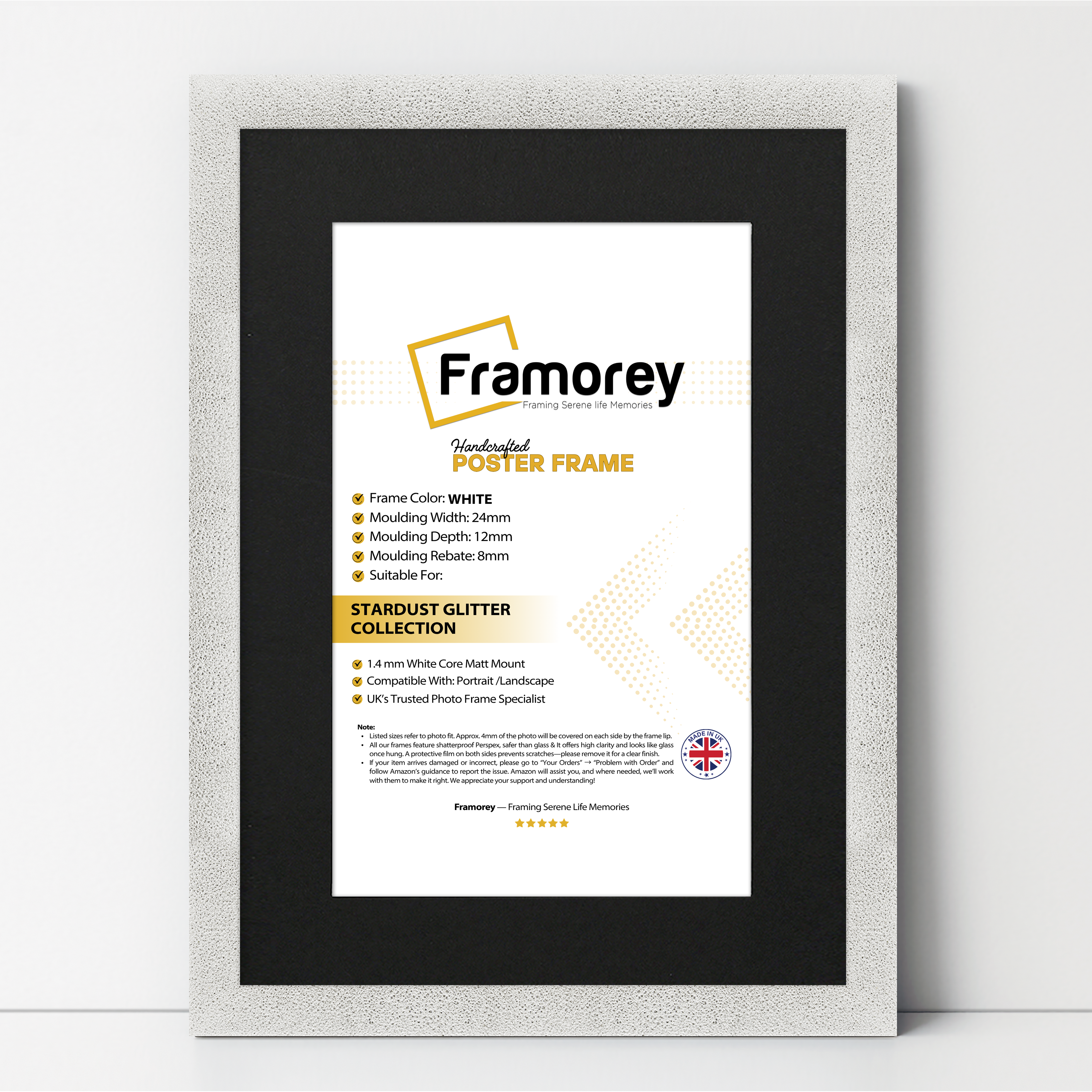 Glitter Sparkle White Picture Frame Photo Print Frame With Black Mount