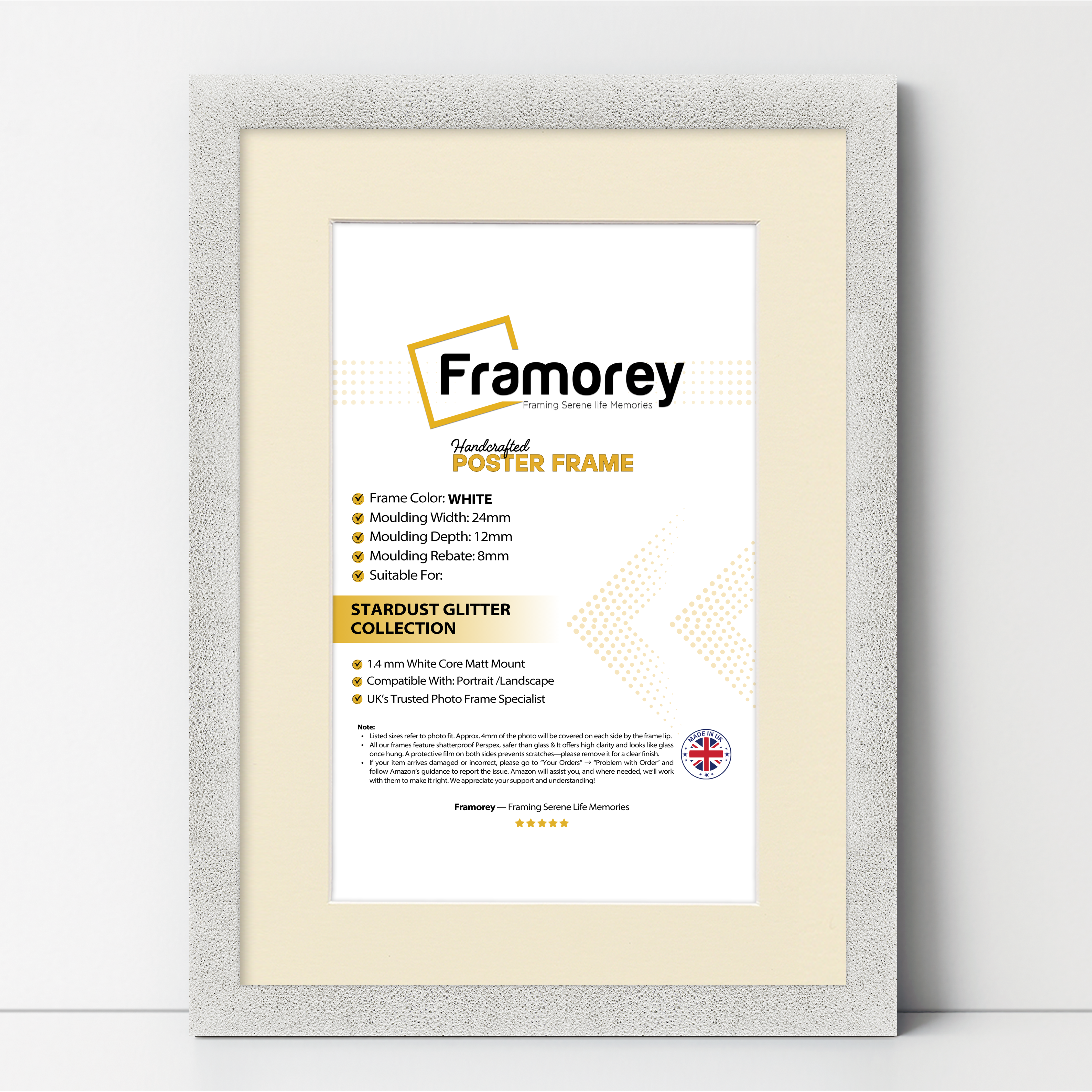 Glitter Sparkle White Picture Frame Photo Print Frame With Ivory Mount