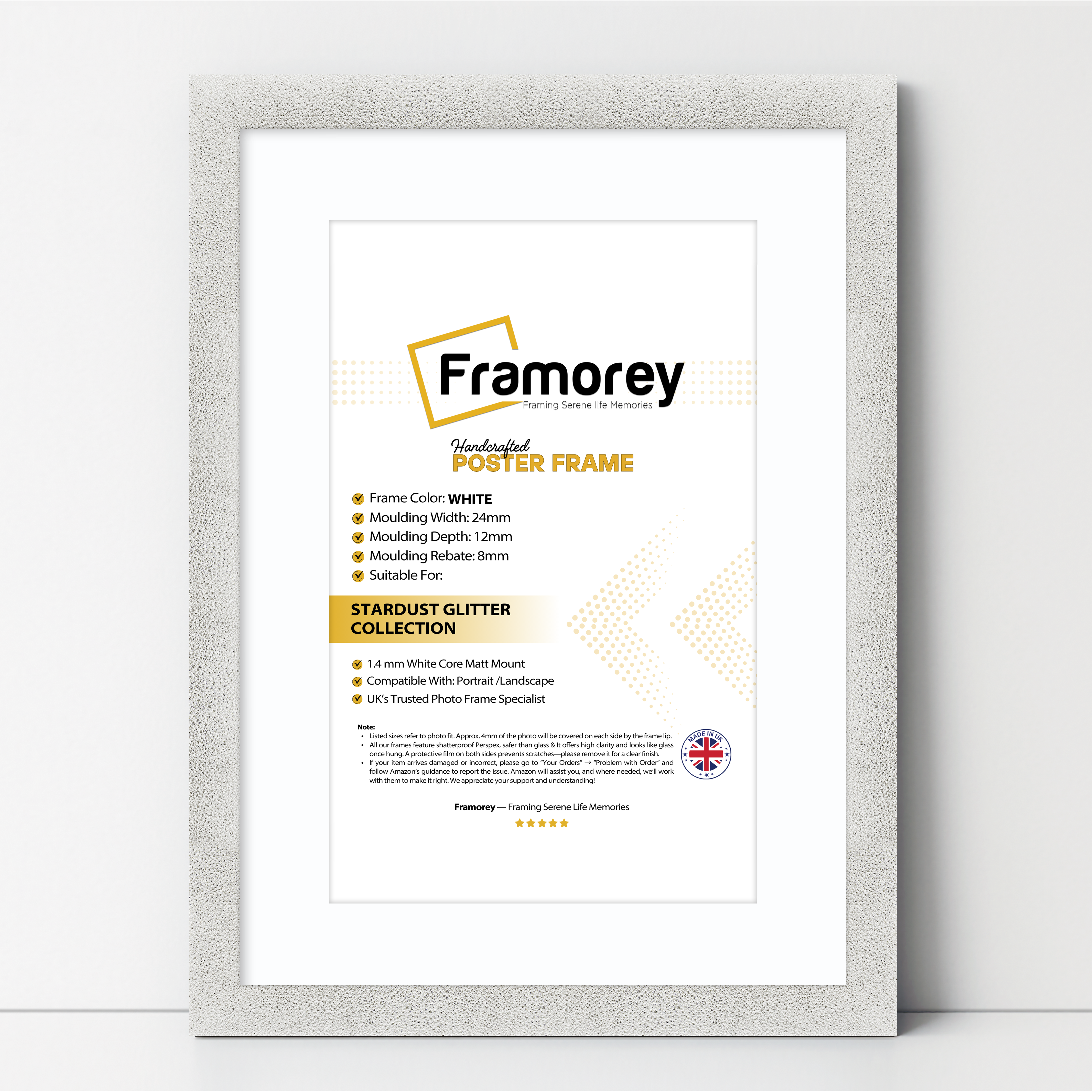 Glitter Sparkle White Picture Frame Photo Print Frame With White Mount