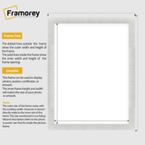 White Sparkle picture frame size guide line diagram showing outer picture frame dimensions and inner opening dimensions,  plus brief usage notes