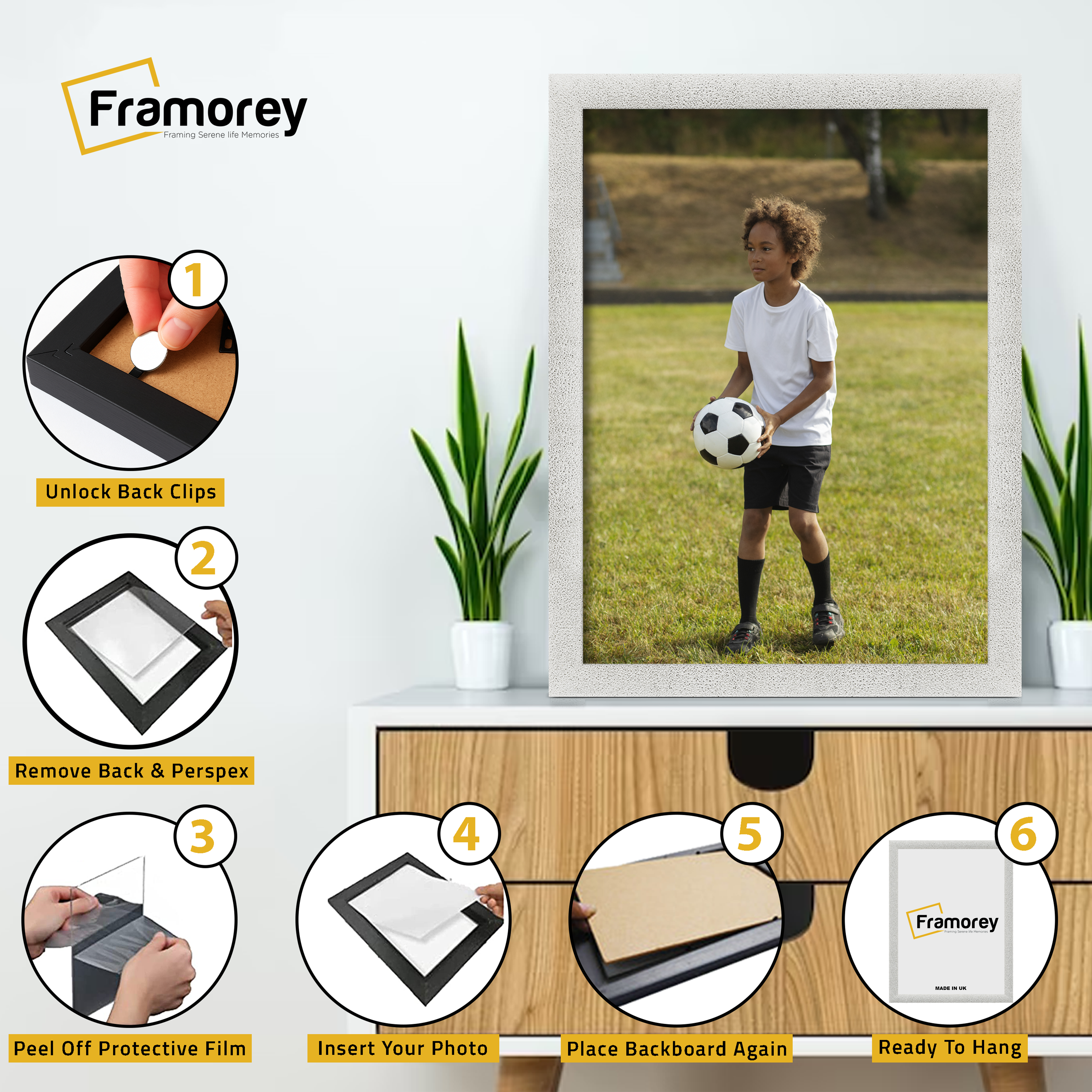 Step-by-step guide showing how to insert a photo into a White picture frame