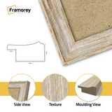 Close View of a white vintage distressed picture frame showing textured aged finish, side view and molding view
