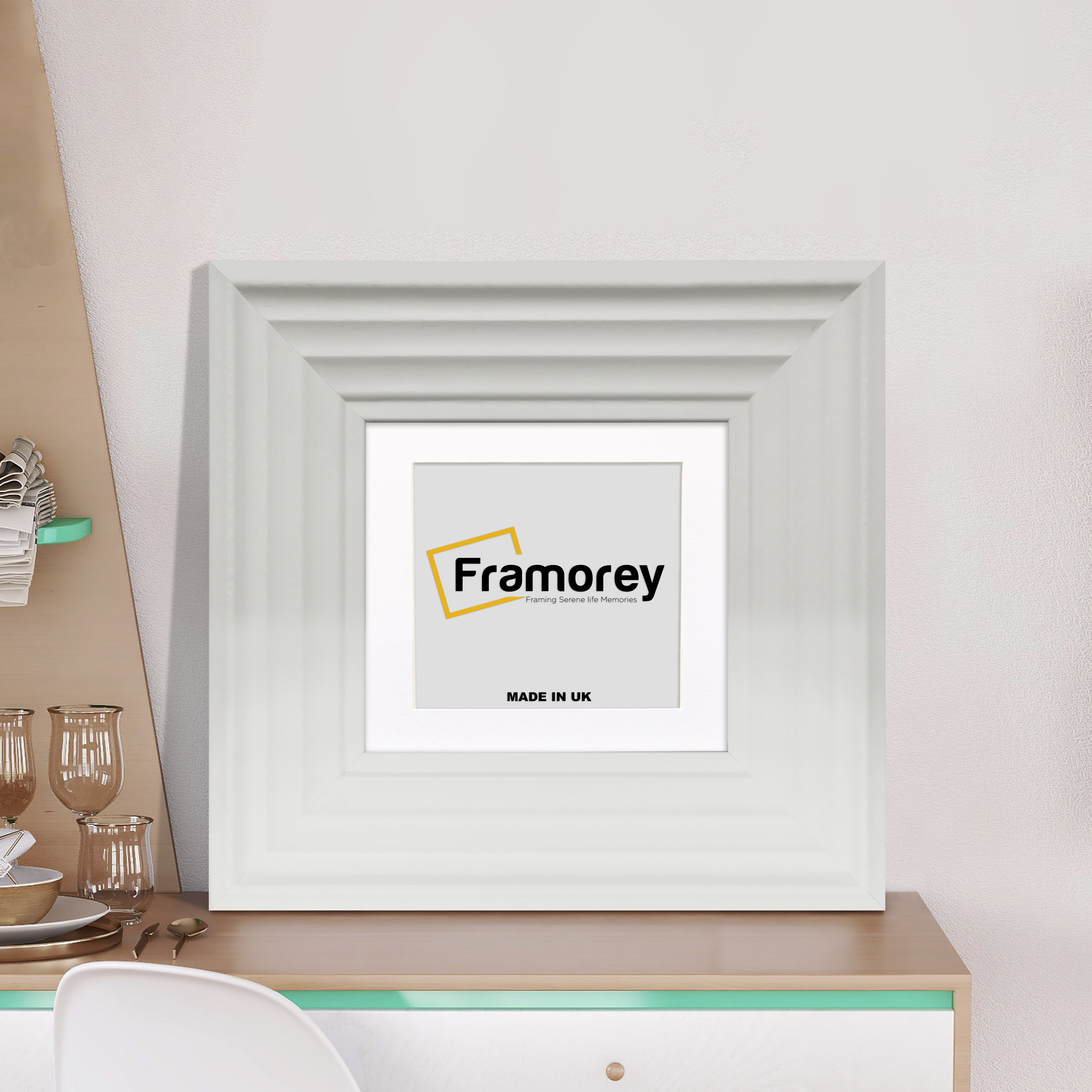 Square Size White Wooden picture Frame with white mount.