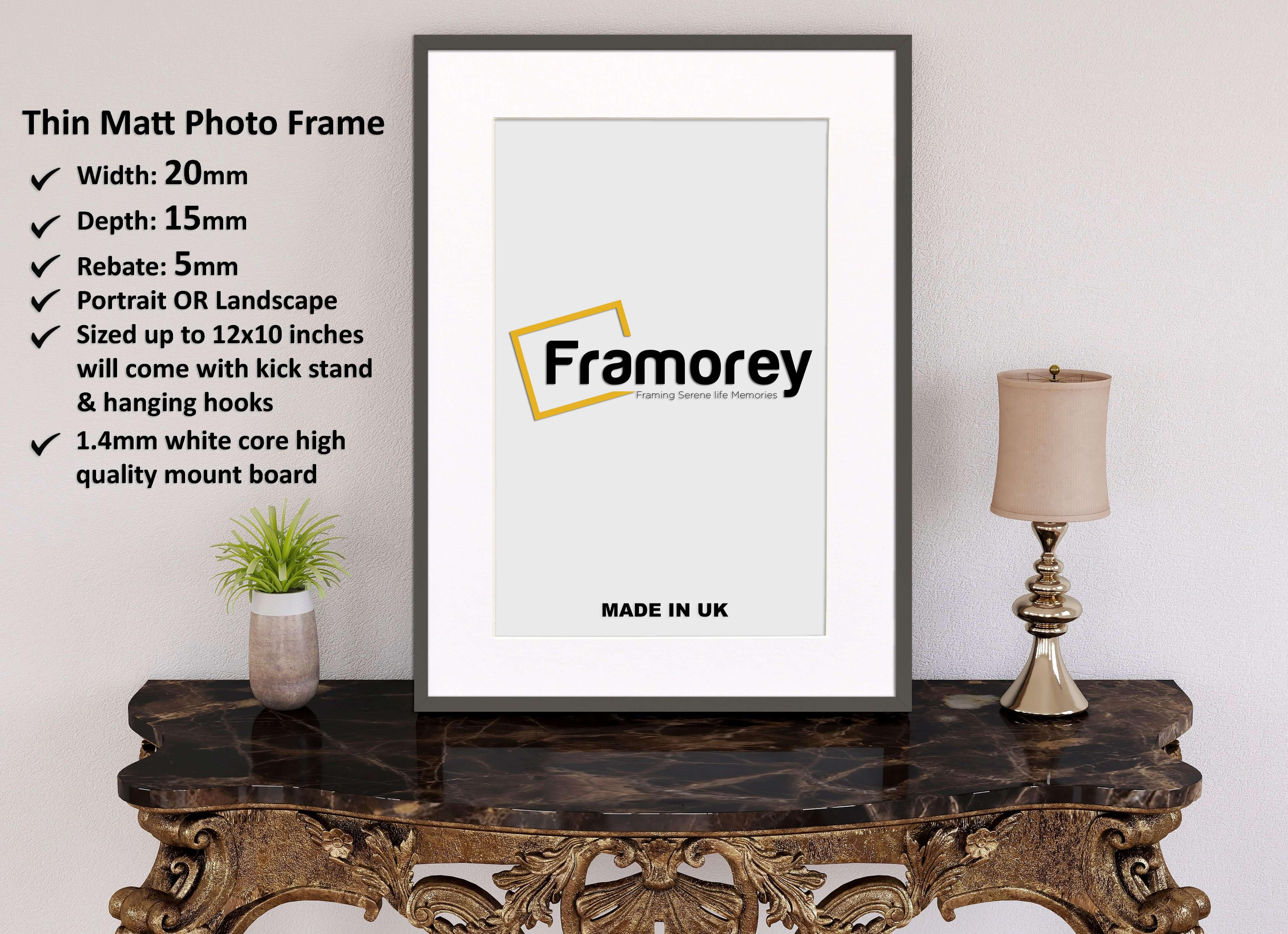 Thin Dark Grey Photo Frame With White Mount Flat Wooden Effect Picture Frame Maxi Art Poster Frames - FRAMOREY