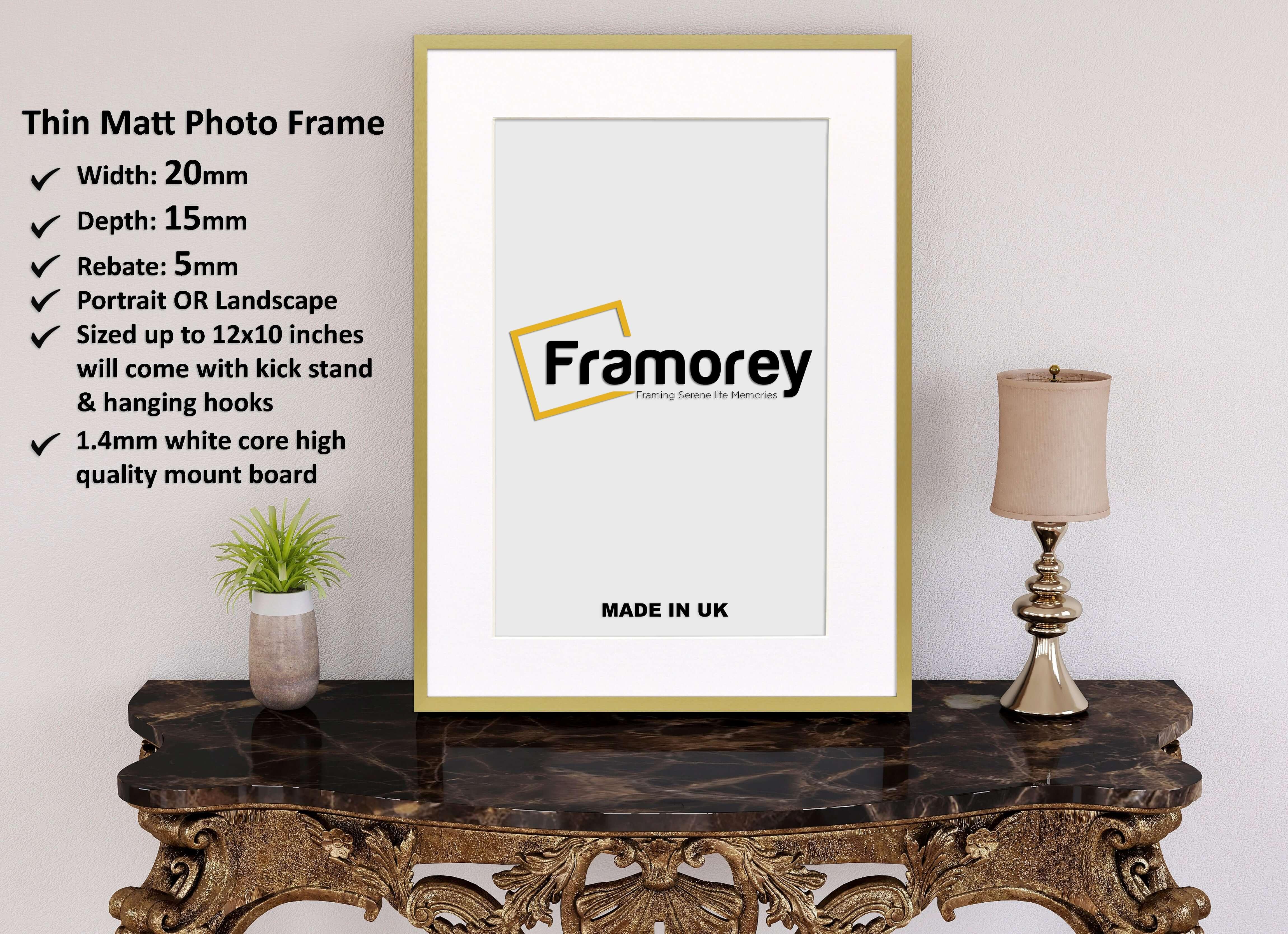 Thin Gold Photo Frame With White Mount Flat Wooden Effect Picture Frame Maxi Art Poster Frames - FRAMOREY