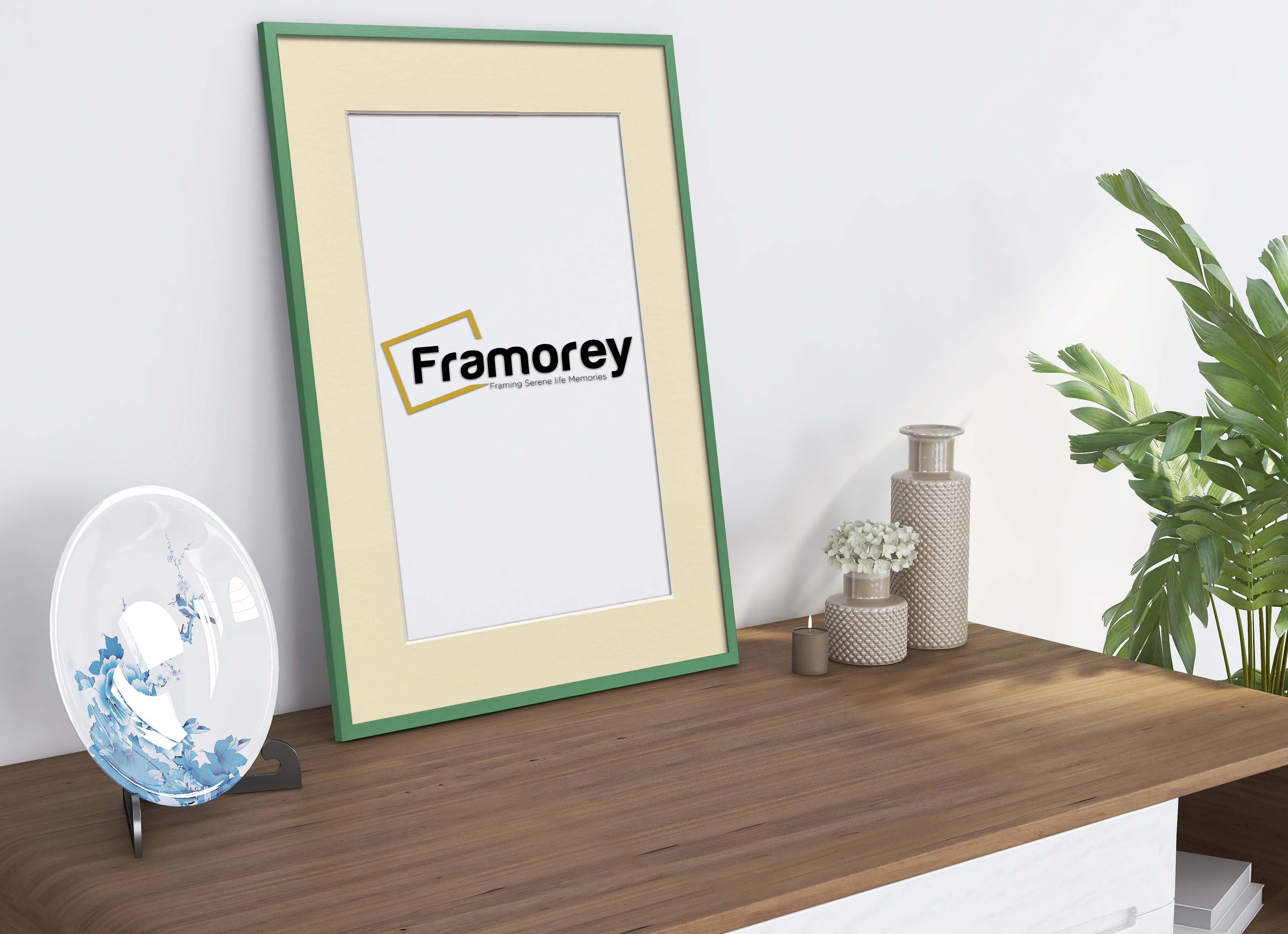 Thin Green Photo Frame With Ivory Mount Flat Wooden Effect Picture Frame Maxi Art Poster Frames - FRAMOREY