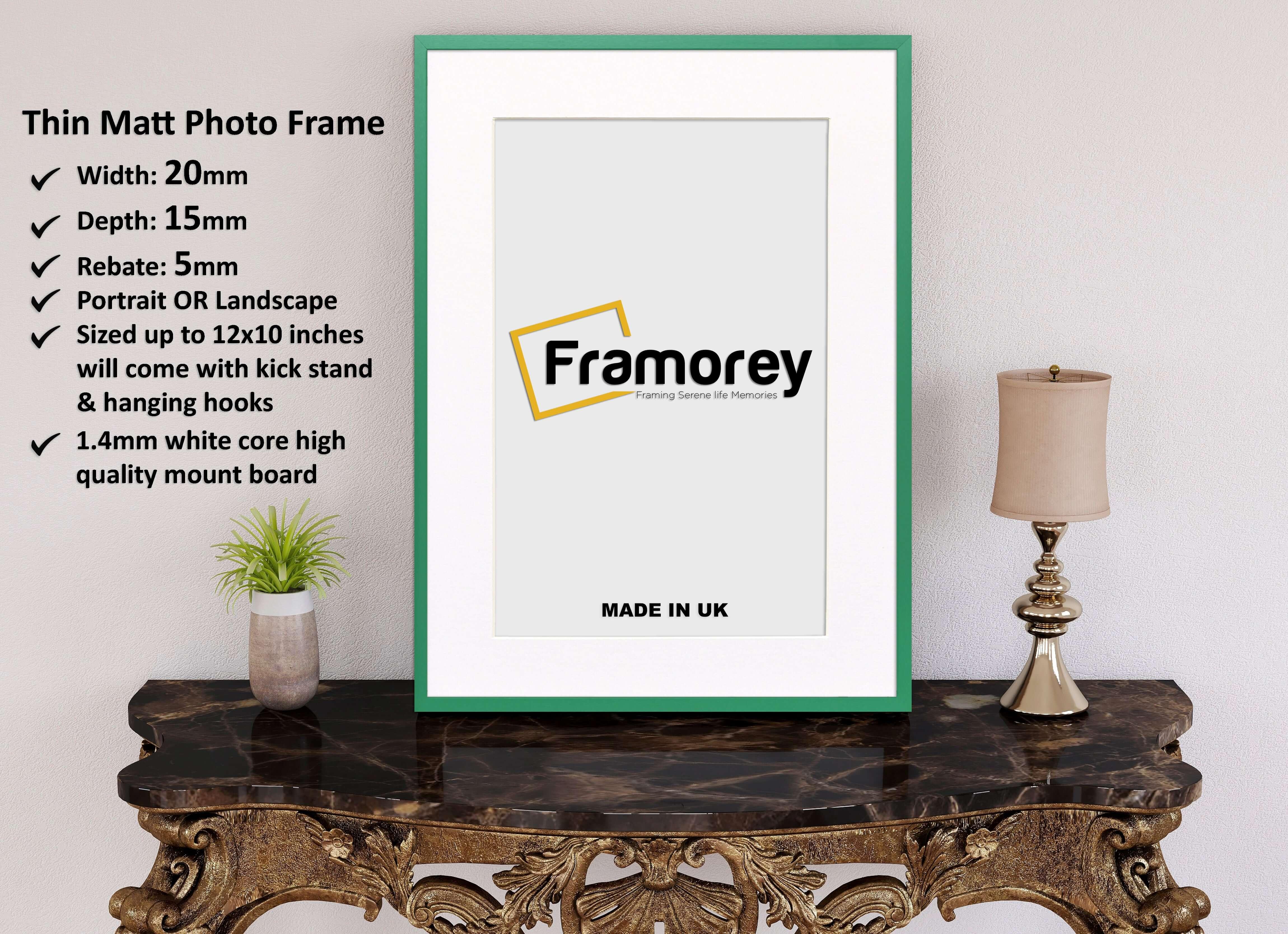 Thin Green Photo Frame With White Mount Flat Wooden Effect Picture Frame Maxi Art Poster Frames - FRAMOREY