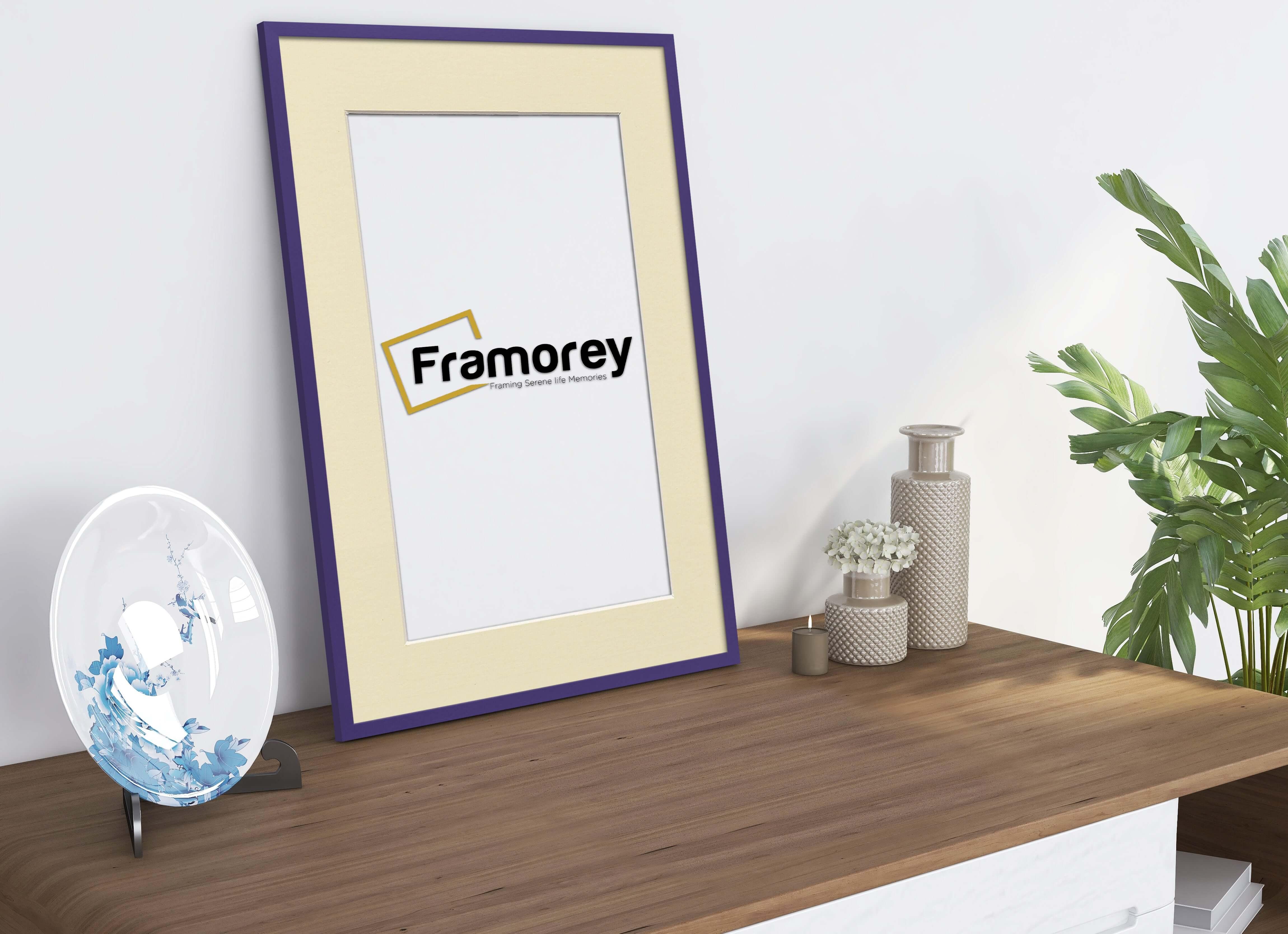 Thin Purple Photo Frame With Ivory Mount Flat Wooden Effect Picture Frame Maxi Art Poster Frames - FRAMOREY