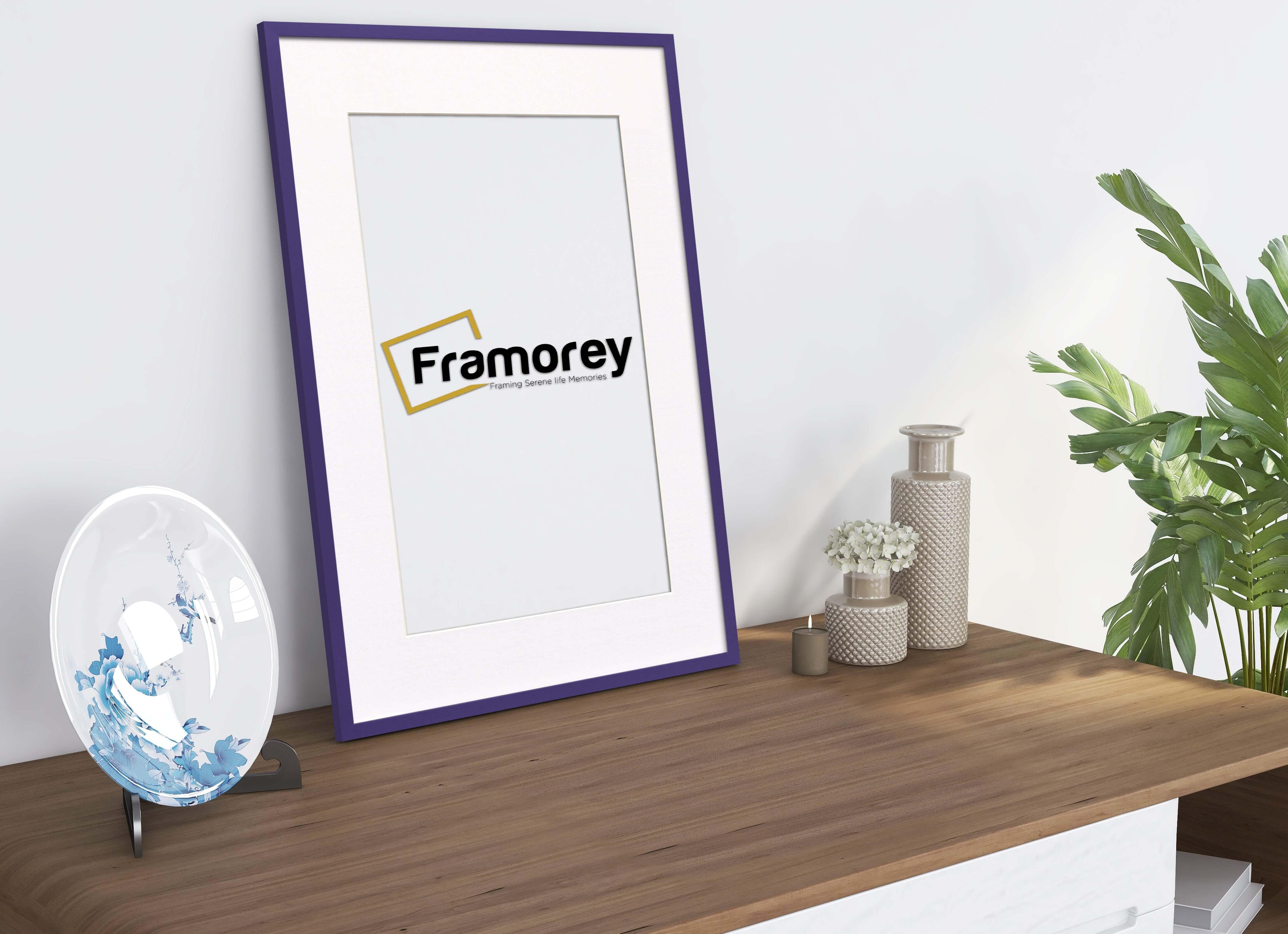Thin Purple Photo Frame With White Mount Flat Wooden Effect Picture Frame Maxi Art Poster Frames - FRAMOREY