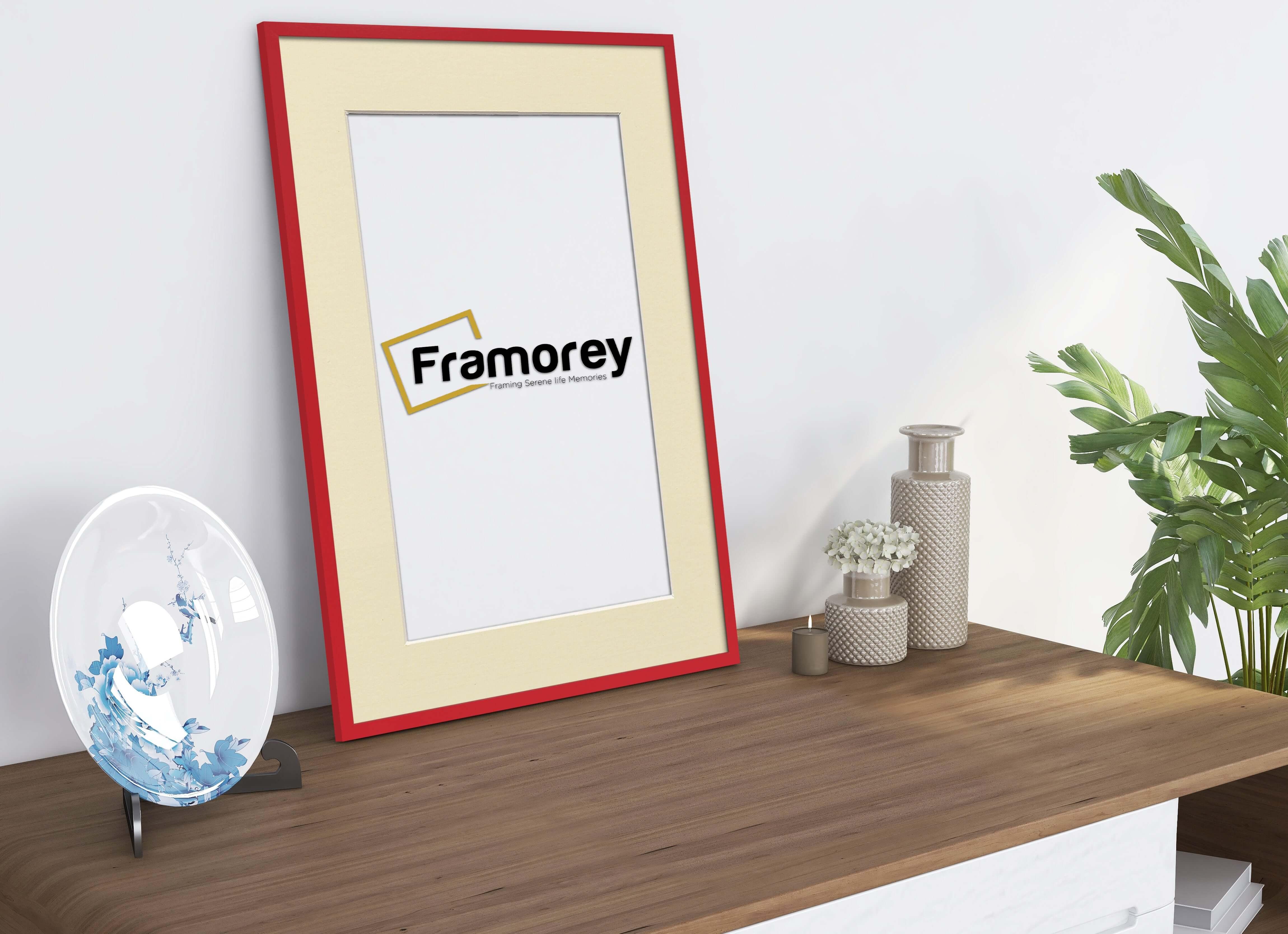 Thin Red Photo Frame With Ivory Mount Flat Wooden Effect Picture Frame Maxi Art Poster Frames - FRAMOREY